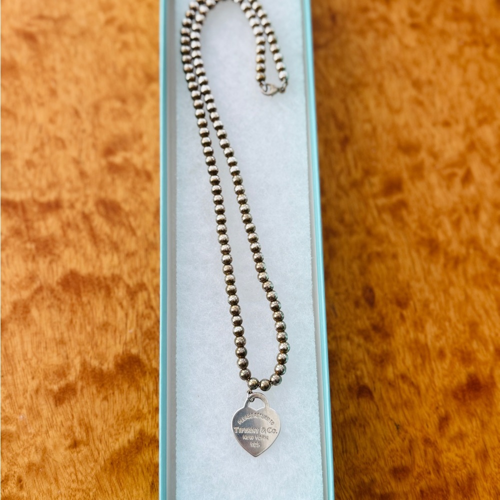 Vintage Tiffany & Co. Silver Bead Necklace with Heart Charm 16” Sterling Silver